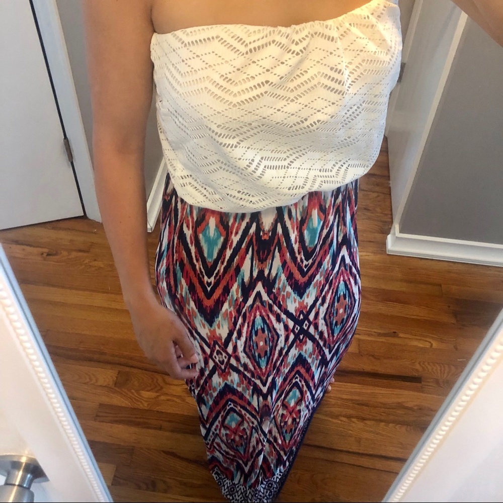 Maxi Dress White Lace Top & Multi Colored Pattern
